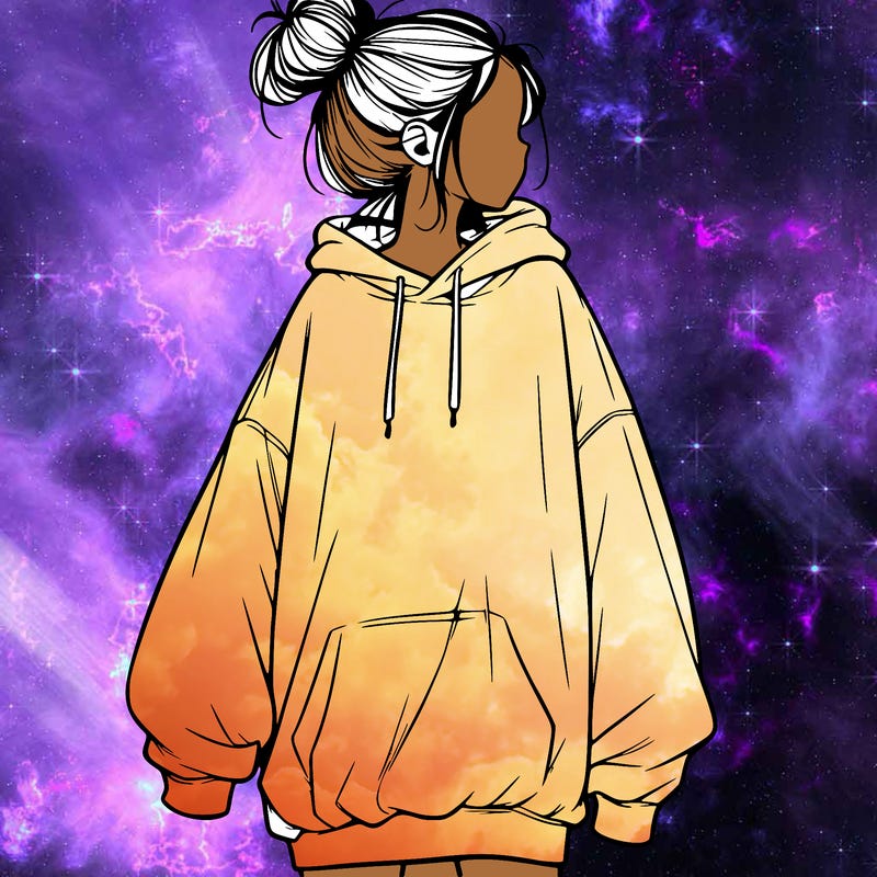 realistic girl with a oversized sweatshirt on and a bun