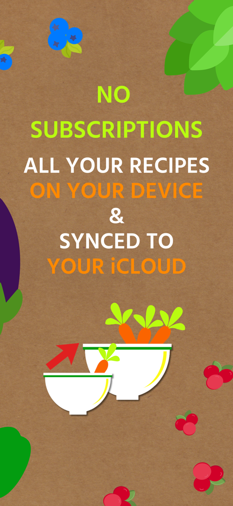 Imagen promocional de Recipe Resizer destacando las funciones de sin suscripciones y sincronización con iCloud.