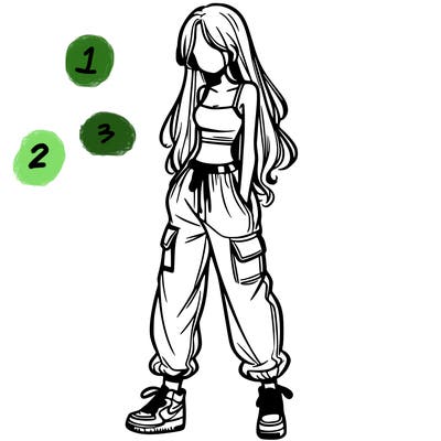 girl in baggy pants crop top and long hair