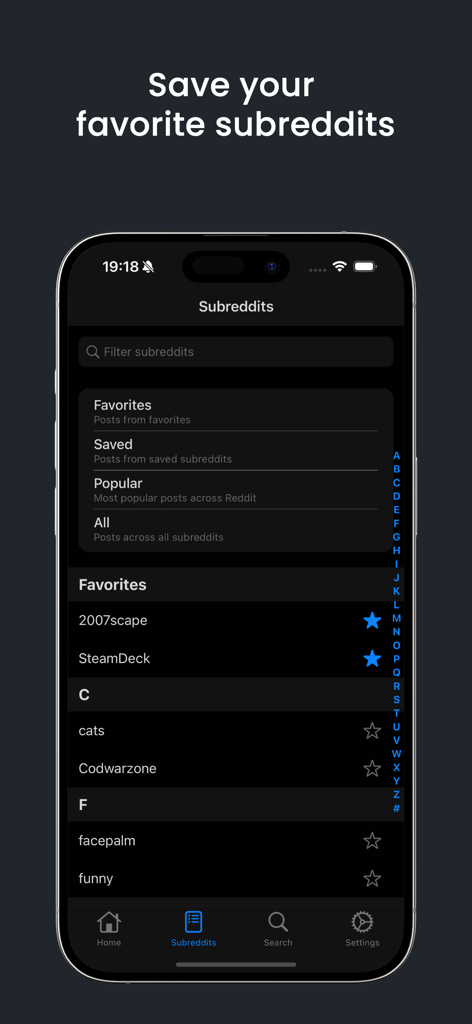 lurkur for reddit - Interface of lurkur for reddit app showing the subreddits management screen with favorite communities in dark mode.