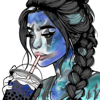 realistic girl drinking boba tea with braided hair