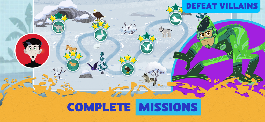 Wild Kratts Rescue Run - Mission selection map in a snowy habitat within the Wild Kratts Rescue Run game
