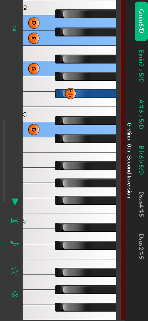 Reverse Chord Finder Pro - Piano keyboard interface identifying a G minor sixth chord in Reverse Chord Finder Pro