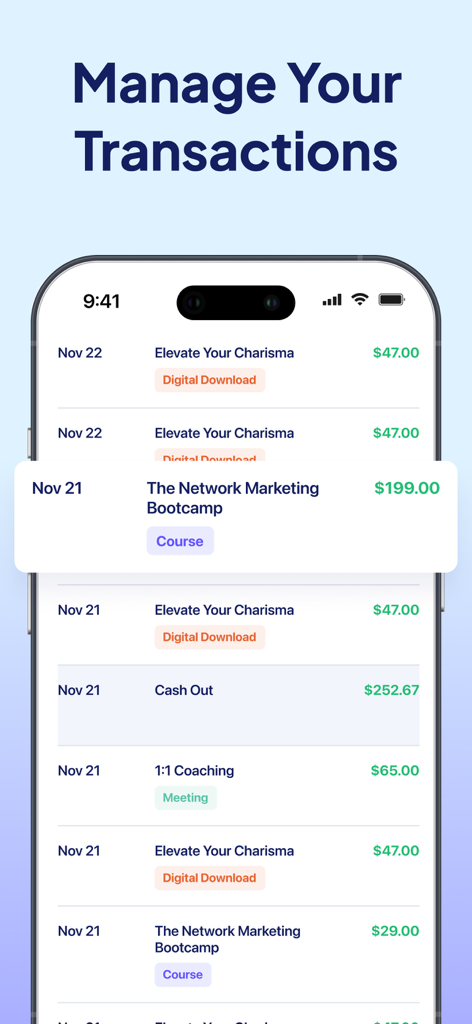 Une interface mobile de l'application Stan montrant une liste de transactions, y compris des téléchargements numériques et des cours pour une entreprise de création.