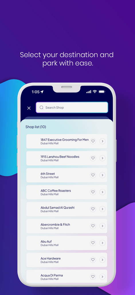 My Park Buddy - Interface do aplicativo My Park Buddy mostrando uma lista de lojas em um shopping para seleção de destino