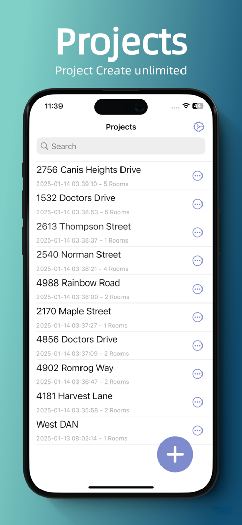 Room Scanner - Easy Measure Rm - Projekt-Dashboard in der Room Scanner-App, das eine Liste von gescannten Hausadressen und Rauminformationen anzeigt