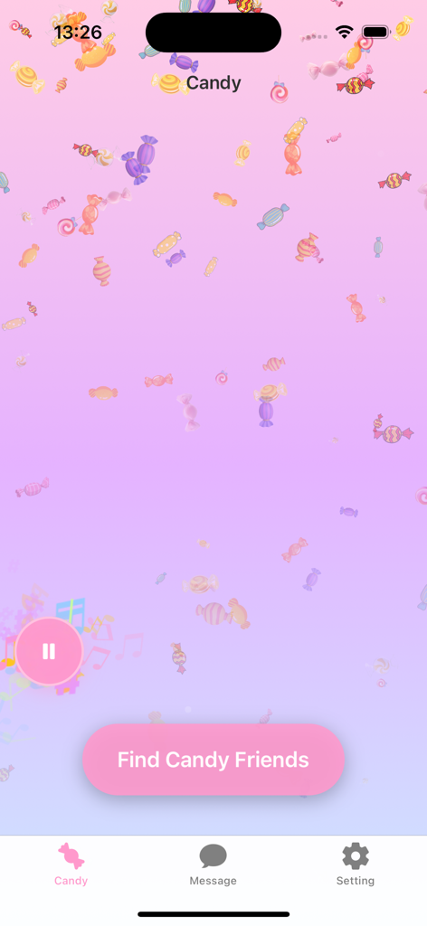 Candy Chat-Sweet Connections - Main screen of the Candy Chat app featuring a pink pastel background with floating candy icons and a Find Candy Friends button.