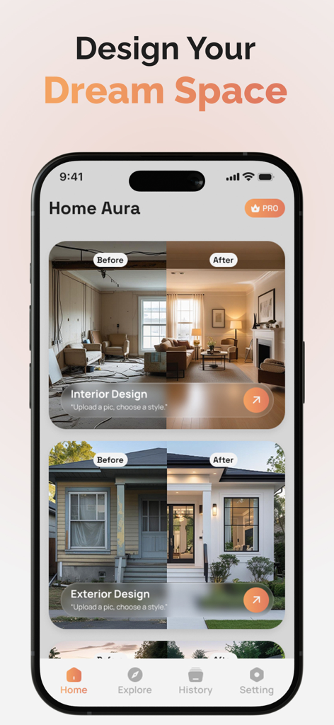 HomeAura: AI Interior Design - Interface do aplicativo HomeAura mostrando designs de interiores e exteriores com IA de antes e depois