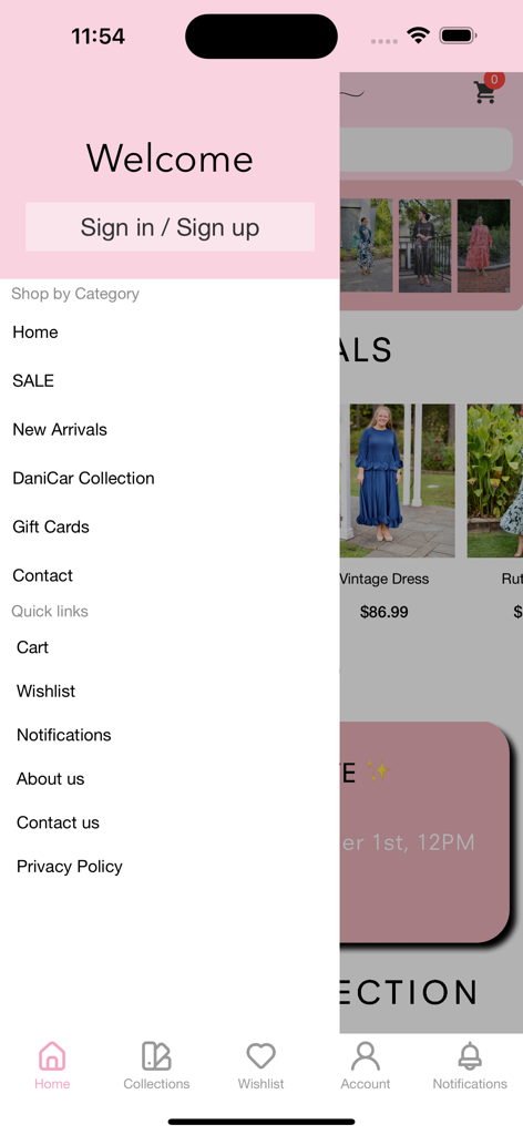 Oh So Modest - A side navigation menu of the Oh So Modest shopping app showing fashion categories and account options.