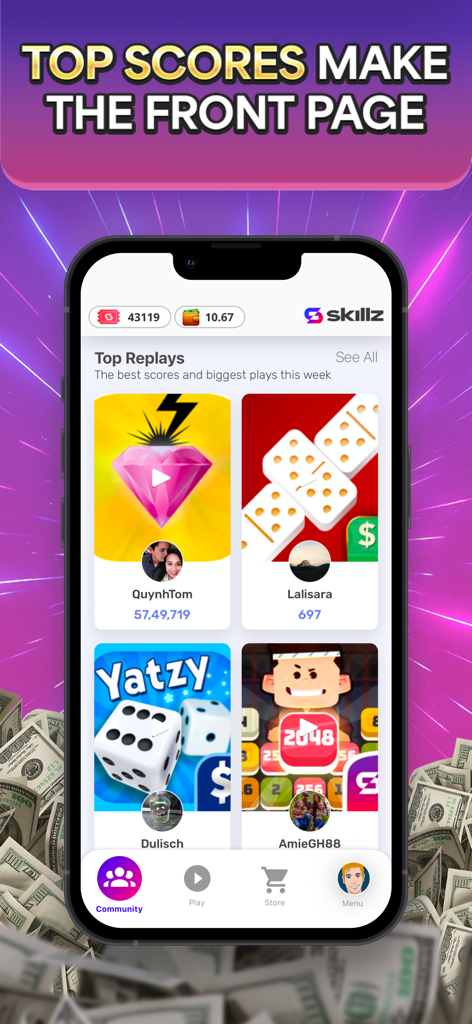 Skillz: Compete & Win Cash - Skillz app community screen displaying top replays and high scores from various skill-based games