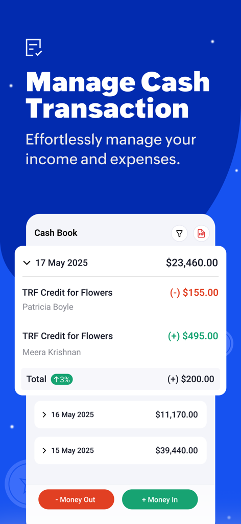 Zoho Daybook - Ledger Book - Interface do aplicativo Zoho Daybook mostrando um livro caixa digital para rastrear receitas e despesas do negócio
