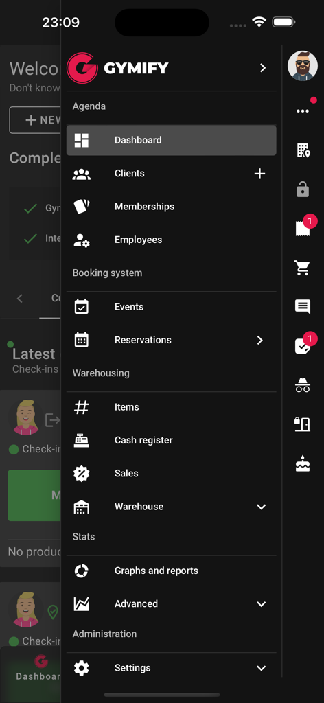 GMF My Gym - Side navigation menu of the GYMIFY gym management app featuring admin tools like clients memberships and stats