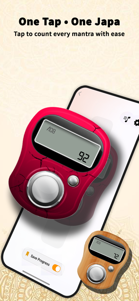 Japa Counter – Mantra Tracker - Japa Counter app screen showing a digital tally counter for mantra meditation and daily repetition tracking.