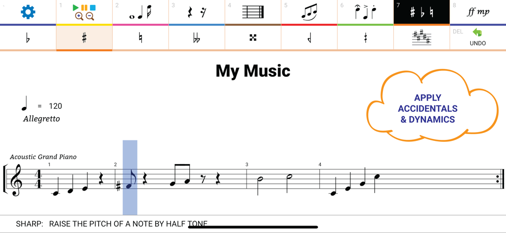 Maestro - Music Composer - Music notation interface in Maestro app showing piano sheet music with accidental and dynamic tools