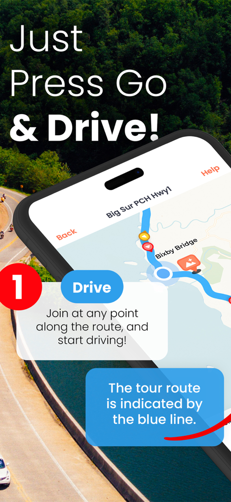 GuideAlong | GPS Audio Tours - GuideAlong app screen displaying a driving tour map of Big Sur with a blue route line