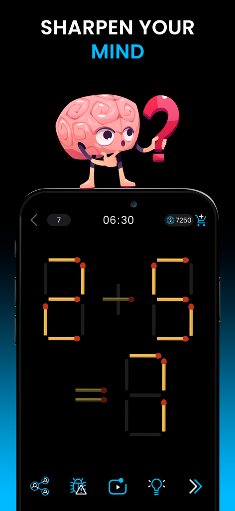 Math Master Cross Math IQ TEST - Math Master mobile app displaying a matchstick logic puzzle with a brain character holding a question mark and the text Sharpen Your Mind.