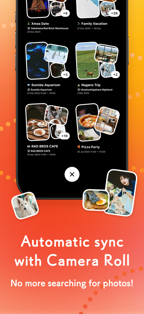 ADAY Simple schedule calendar - ADAY app interface showing automatic synchronization of photos with calendar events like vacations and cafe visits.