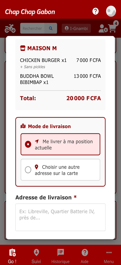 Chap Chap Gabon - Resumen del pedido y pantalla de selección de dirección de entrega en la aplicación Chap Chap Gabon