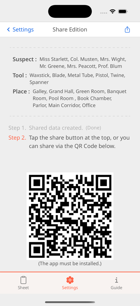 Detective Notes - Interface showing a QR code and instructions for sharing a custom mystery game setup in the Detective Notes app.