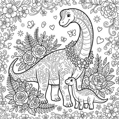 This enchanting coloring page features a magnificent Patagotitan dinosaur and its adorable baby, nestled amidst beautiful floral bouquets. It's the perfect way to celebrate the special bond of Mother's Day with a unique prehistoric twist.