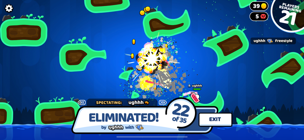Rocket Bot Royale - Rocket Bot Royale game screenshot showing the elimination screen where a player is ranked 22nd out of 35 after an explosion in a 2D battle arena.