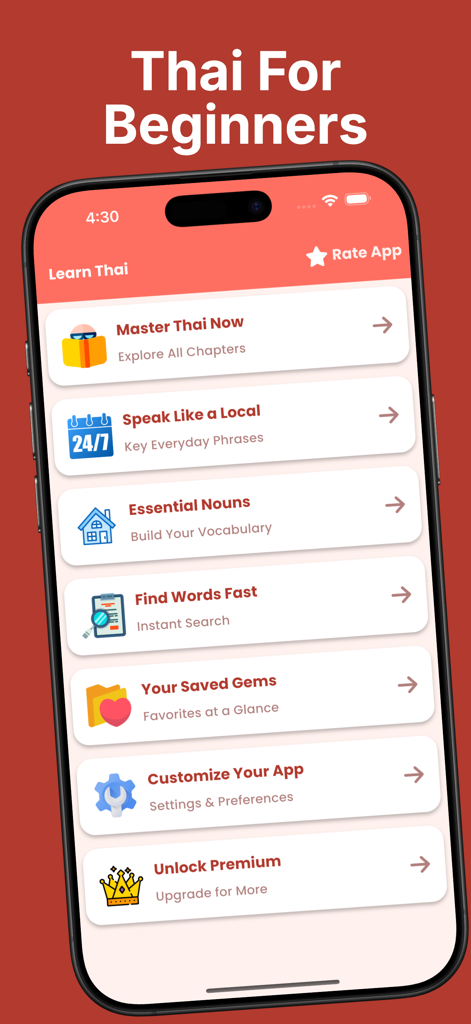 The main menu interface of the Learn Thai Beginners app showing options for everyday phrases vocabulary and search functions