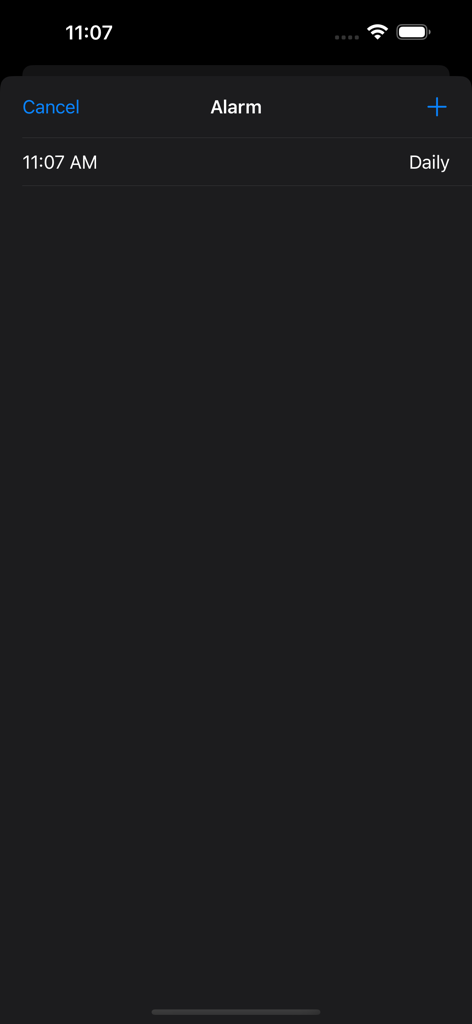 BedTime Sleep Fan Sounds - Alarm settings interface in the BedTime Sleep Fan Sounds app showing a daily alarm set for 11:07 AM.