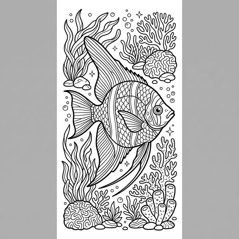 Bring the beauty of the ocean to your books with this exquisite Marine Angelfish bookmark coloring page. Its intricate design features a stunning angelfish amidst a vibrant underwater scene, ready for your creative touch.