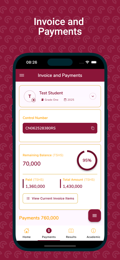 Pantalla de facturas y pagos de Moga Schools App que muestra el saldo del estudiante y el historial de pagos.