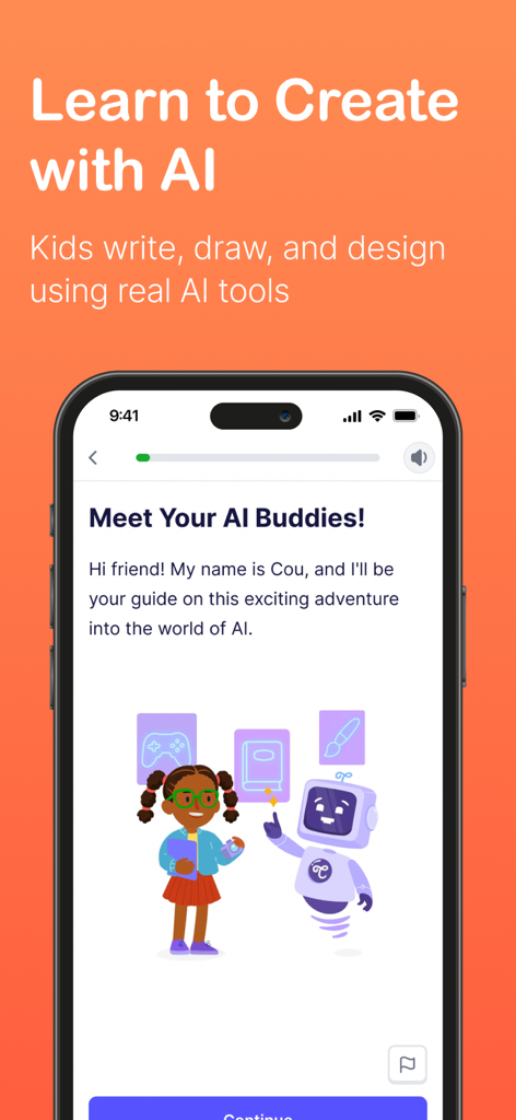 Coursiv Junior - Capture d'écran de l'application Coursiv Junior avec une fille et un personnage robot introduisant l'apprentissage de l'IA pour les enfants