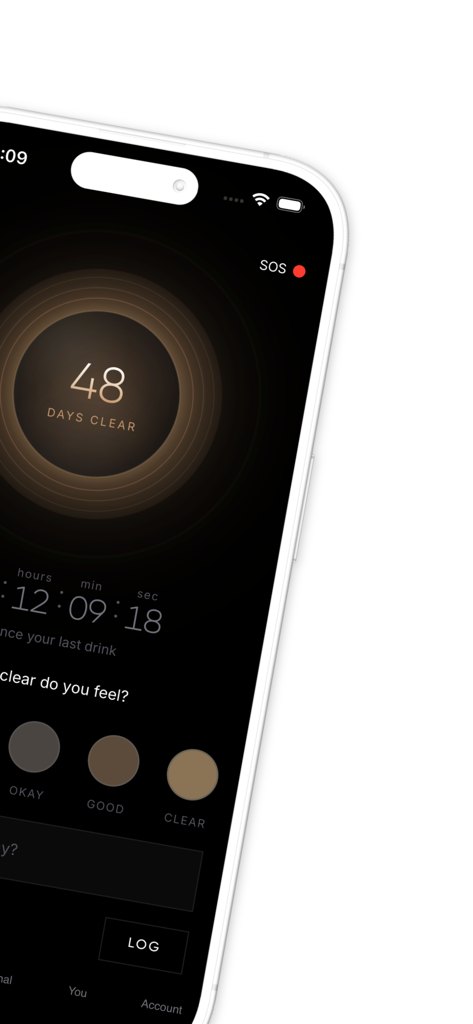 less. Drink less & Stay Sober - Mobile app screen showing a forty eight day sobriety streak and clarity level selector