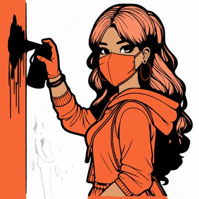 realistic girl with mask spray painting a wall