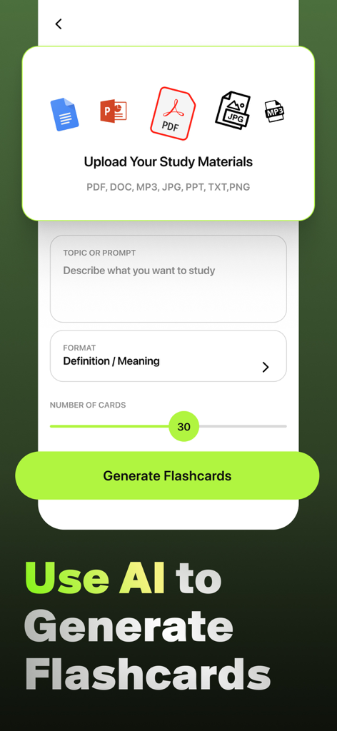 Flashy: Flashcards Maker - Interface of Flashy app showing options to upload study materials and use AI to generate flashcards from various file formats.