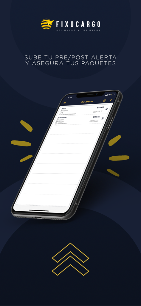 Fixo Cargo - Fixo Cargo mobile app screen showing package pre-alerts for international shipping.