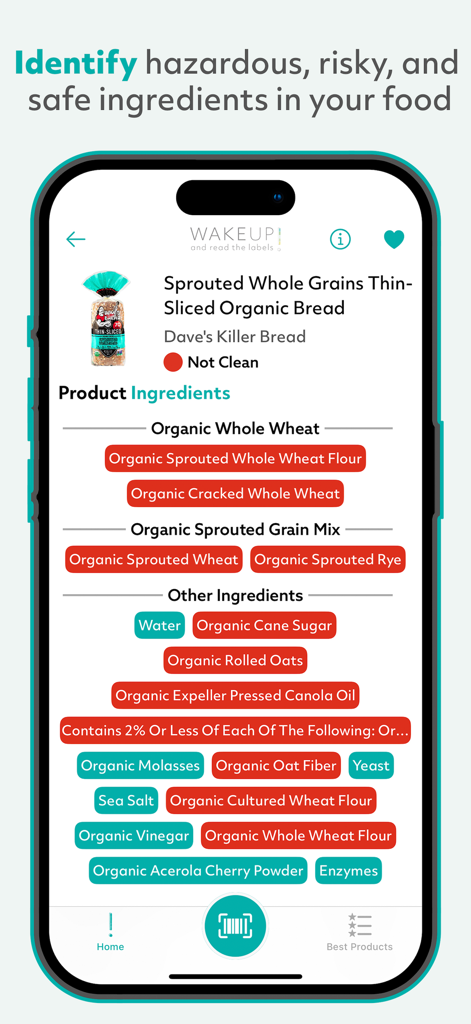 A smartphone displaying the Read the Labels app showing a color-coded ingredient list for organic bread to identify hazardous and safe components
