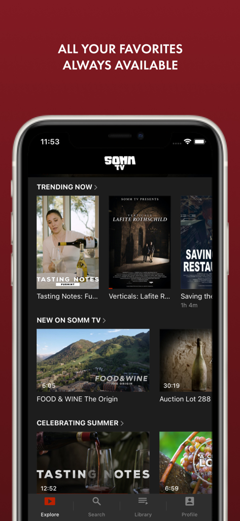 SOMM TV mobile app explore screen displaying wine and food documentary categories