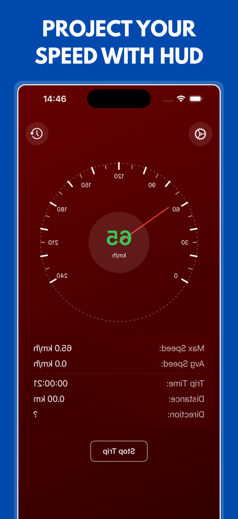 Speedometer: Speed GPS Tracker - Speedometer app showing mirrored interface for heads up display HUD projection on windshield