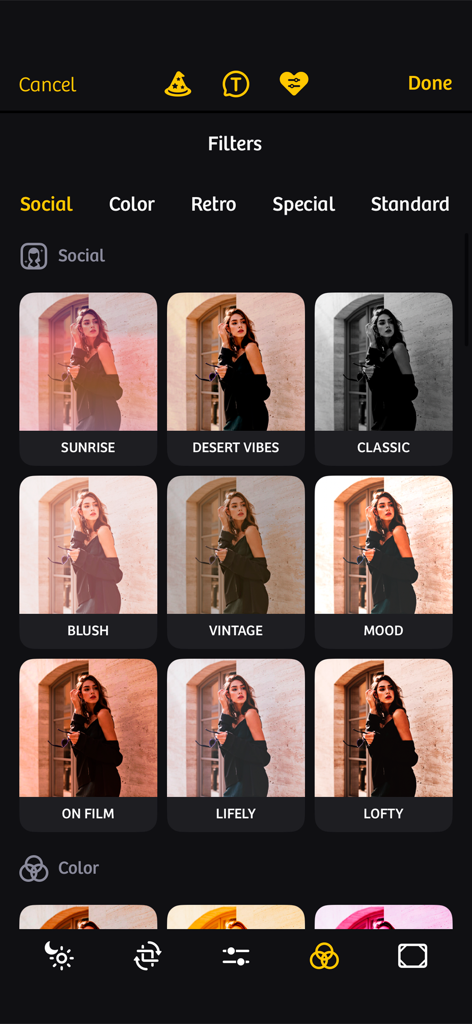 A collection of social photo filters in the Camera plus app interface