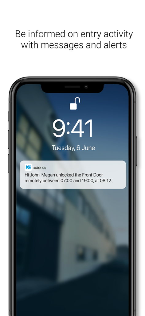 Notificação do aplicativo móvel Salto KS em uma tela de smartphone mostrando atividade de entrada em tempo real e alertas.