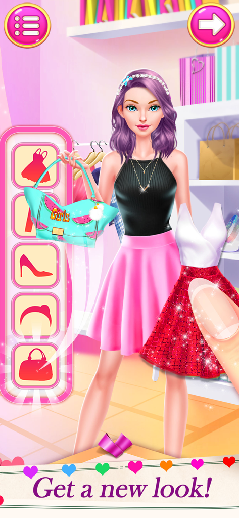 Makeup Games Girl Game for Fun - Uma personagem feminina em um jogo de transformação de moda selecionando um vestido vermelho e acessórios