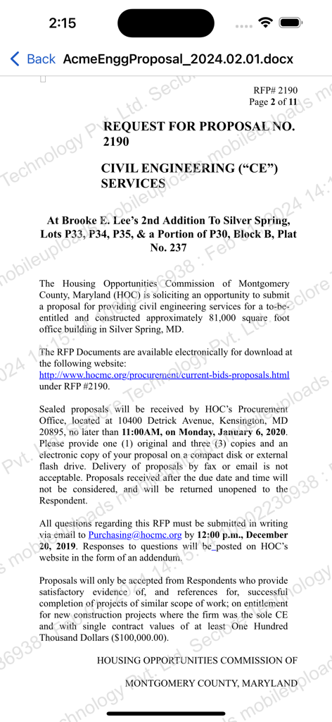Seclore - Um documento de proposta de engenharia seguro exibido dentro do aplicativo móvel Seclore com marcas d'água de segurança