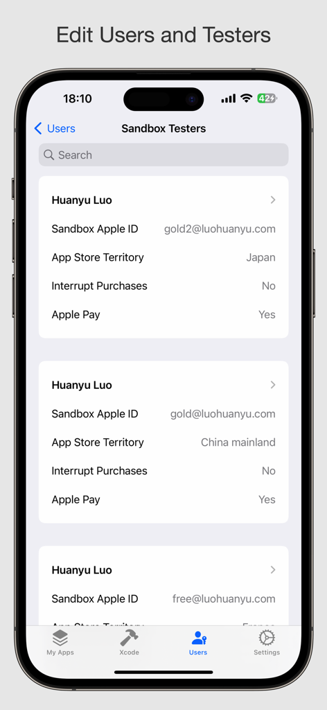 Connected - For App Developers - Interface of the Connected app showing a list of sandbox testers with details like Apple ID and App Store territory