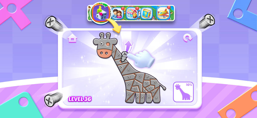 Merge Topia-Screw Jam - Gameplay screenshot of a giraffe shaped screw puzzle in Merge Topia