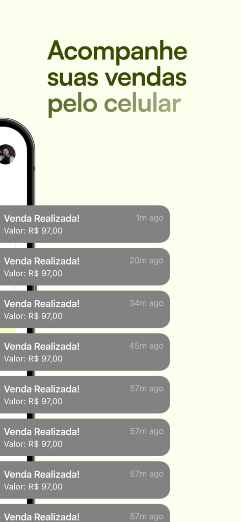 Interface do aplicativo Hubla mostrando notificações em tempo real de vendas concluídas em uma tela de celular