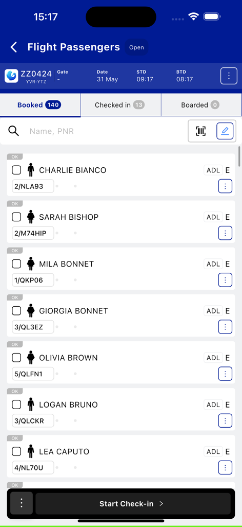 Multi DCS - Mobile application interface showing a list of flight passengers with booking status and check-in options for airport ground staff