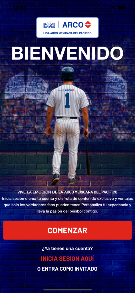 LAMP mx - Welcome screen of the LAMP mx app featuring a baseball player and a start button for the Liga ARCO Mexicana del Pacifico