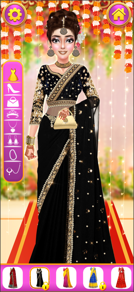 Indian Bridal Dress Up- Makeup - Juego de moda nupcial india mostrando un personaje con un sari negro y joyas doradas.