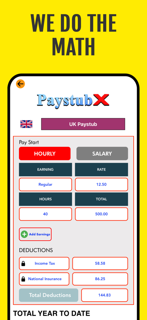 Un écran d'application mobile montrant le calcul automatisé des bulletins de paie britanniques avec des répartitions pour les taux horaires, l'impôt sur le revenu et les déductions d'assurance nationale.