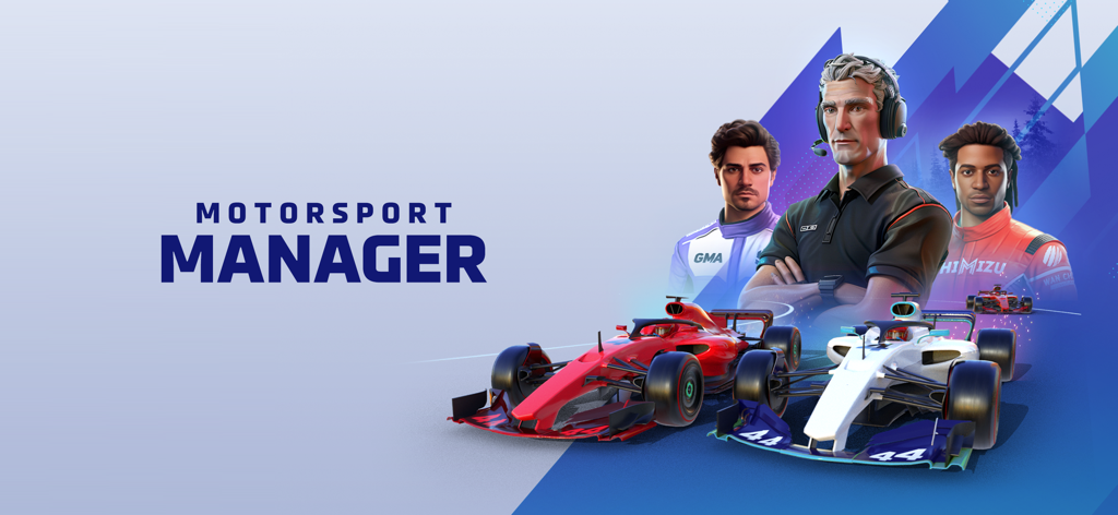 Motorsport Manager Online 2024 Werbegrafik mit Rennwagen und Teammitarbeitern