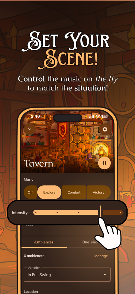 Pocket Bard - Pocket Bard app interface showing music intensity controls for a tavern scene in a tabletop RPG session